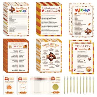 Imagem de Conjunto de 139 peças de jogos de festa de Ação de Graças, cartões de raspadinha, engraçados, jogos de festa feliz com chaves de resposta e lápis editáveis, presentes para Ação de Graças, outono