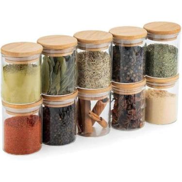 Imagem de Kit 10 Potes de Vidro Herméticos c/Tampa de Bambu 450ml