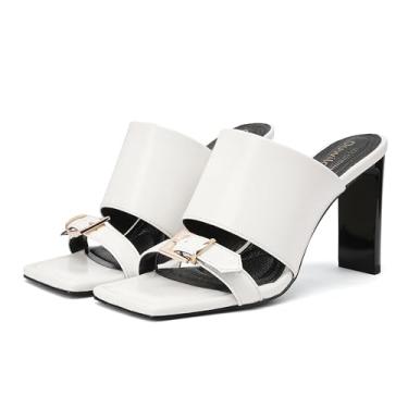 Imagem de Mules de salto preto para mulheres – Sandálias largas com bico quadrado e fivela de couro envernizado salto grosso para roupas noturnas e coquetéis, Branco, 38