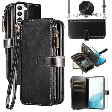 Imagem de Asuwish Capa de celular para Samsung Galaxy S22 5G com protetor de tela de vidro temperado e cordão com zíper, porta-cartões, suporte, acessórios para celular S 22 22S 4G G5 6,1 polegadas, preto
