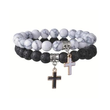 Imagem de Pulseira de amizade com contas combinando preto e branco para mulheres e homens, contas de pedra vulcânica fosca, pulseira para casal, religião, berloque, joias, 7, Metal, Sem Pedra Preciosa
