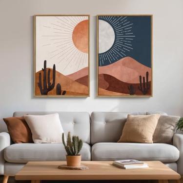 Imagem de Arte de parede do deserto boho emoldurada para decoração de quarto, conjunto de 2 arte de paisagem de cactos de sol e lua, impressões de pinturas boêmias modernas de meados do século para sala de