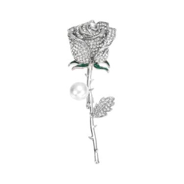 Imagem de PATIKIL Broche de flor rosa com strass, pérola de cristal floral pequeno colarinho lapela alfinetes para mulheres festa de casamento terno vestido casaco chapéu joias presente, tom prata