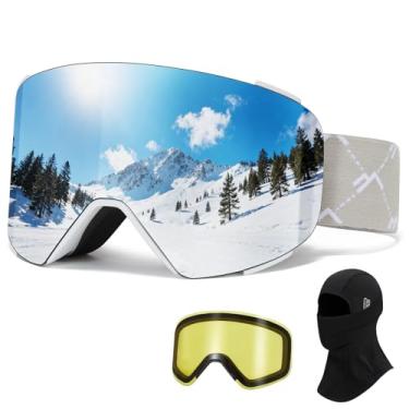 Imagem de JQF Gear Óculos de esqui sobre óculos de neve/snowboard OTG Magnetic Full Revo para homens mulheres adultos proteção UV (armação branca prata, lentes polarizadas (máscara de esqui)