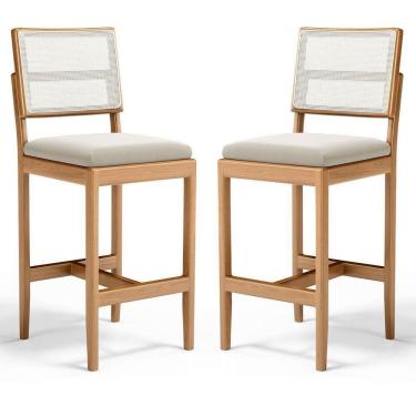 Imagem de Kit Com 2 Banqueta Milena Madeira Maciça Assento Estofado Encosto De Tela Sintética Veludo Bege 102