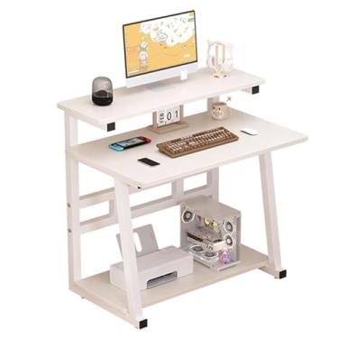 Imagem de Mesa de computador, mesa de estudo, mesa lateral para cama, 3 níveis de armazenamento, pernas grossas de mesa, design de arco de borda de mesa, fácil de limpar e manter, suporte para laptop, altura 74