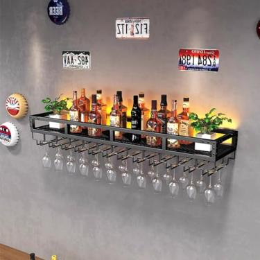 Imagem de HGTRH Suporte de vidro de parede para garrafa de vinho, prateleira suspensa de metal, prateleira de exibição de garrafa de licor com luzes, prateleiras flutuantes para parede com prateleiras de copo