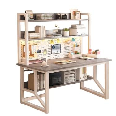 Imagem de Mesa de computador com grade e estante de livros, mesa de estudo de escrita com prateleiras de armazenamento abertas, mesa de madeira simples e moderna, estrutura de aço, estação de trabalho para