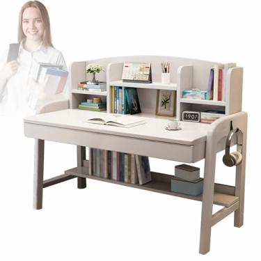 Imagem de Mesa de madeira Soild para computador com cabana, mesa de trabalho de escritório em casa com prateleiras de gaveta, mesa de estudo de escritório em casa, mesa de estudo para espaço pequeno, laptop