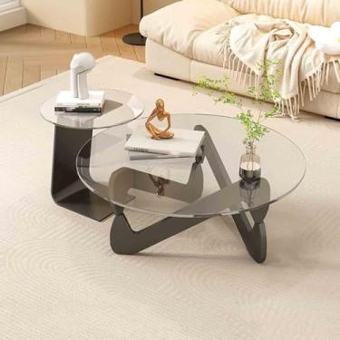 Imagem de Yadlan Conjunto de mesas de centro redondas modernas, mesas de café, mesa de centro de vidro, conjunto de 2 mesas laterais com suporte triangular, mesas de canto para sala de estar, quarto, varanda