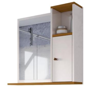 Imagem de Armário com Espelho de Banheiro Aéreo com Porta e Prateleira Suspenso Espelheira Beauty(OFFWHITE/NATURE)