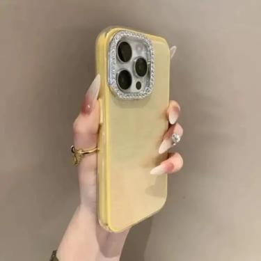Imagem de HTVJFX Capa rígida com moldura e lente de câmera brilhante para iPhone 12 (para iPhone 12/amarelo)