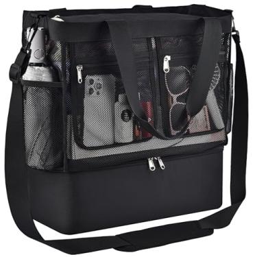 Imagem de Bolsas de praia para mulheres, bolsa grande de praia, impermeável, de malha à prova de areia, bolsa para piscina com refrigerador para viagens e férias essenciais, Preto