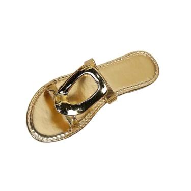 Imagem de Sapatos femininos casuais versáteis requintados de alta qualidade com bico aberto plus size para primavera e verão vestíveis com saias sandálias rasteiras, Dourado, 39