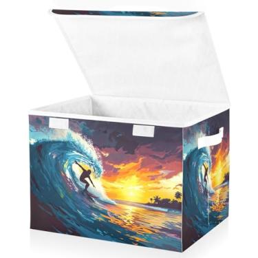 Imagem de Blueangle Cestos de armazenamento de surfistas com tampas, 42 x 32 x 30 cm, grande cesta organizadora dobrável para decoração de escritório e armário (589)