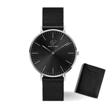 Imagem de Relógio Masculino Preto Casual Analógico Clássico Carteira Couro - New