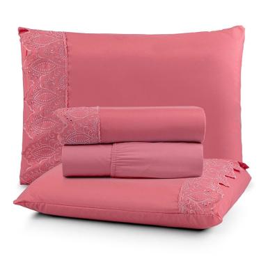 Imagem de Jogo De Lençol Nobre Solteiro 3 Peças Micropercal 200 Fios Bordado Inglês Fino - Pessego - 100% Poliéster