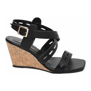 Imagem de Sandália Anabela Salto Plataforma 7 cm Feminina Fivela Dourada Preto-Feminino