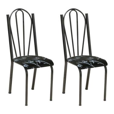 Imagem de Kit 2 Cadeiras de Cozinha Alasca Estampado Preto Florido Pés de Ferro Cromo Preto - Pallazio