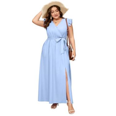Imagem de ShopWonder Vestido feminino plus size com decote em V, sem mangas, cintura alta, fenda lateral, vestido casual de verão com cinto, Azul claro, 3G
