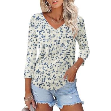 Imagem de KTILG Camisetas femininas com gola V, manga 3/4, blusas de verão, elegantes, casuais, lisas, básicas, Floral azul damasco, GG