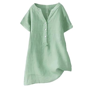 Imagem de Camisa feminina com botões de linho, básica, manga curta, tamanho grande, casual, solta, confortável, blusas casuais modernas, Verde, M