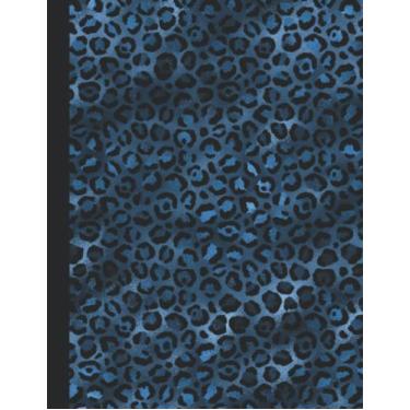 Imagem de Caderno de composição leopardo: 21 x 28 diário pautado em papel pautado padrão, estampa de leopardo azul na capa preta - material de volta às aulas para crianças