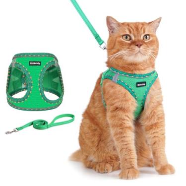 Imagem de Rttochfy Conjunto de arnês e coleira para gatos, colete à prova de escape, colete macio e respirável com faixa refletiva, fácil de usar para gatos caminhando e viajando (verde, PPP)