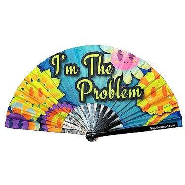 Imagem de PandaTak Ventilador portátil Pride Festival – Grande ventilador de mão de bambu de 33 cm dobrável com tinta UV reativa – Acessório divertido para festas, shows e roupas de festival (I'm The Problem)