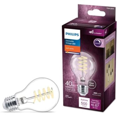 Imagem de Philips LED Espiral transparente vintage sem cintilação A19 regulável, tecnologia EyeComfort, 500 lúmens, branco macio (2700K), 5,5 W = 40 W, certificado título 20, base E26 (565788), 1 unidade