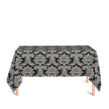 Imagem de Toalha de Mesa Retangular em Tecido Jacquard Preto e Cru Medalhão Trad