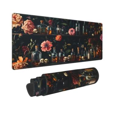 Imagem de Mouse pad para jogos com caveira gótica e garrafa de vidro, base de borracha antiderrapante grande GG 80 x 30 cm, tapete de mouse com teclado, tapete de mesa com bordas costuradas para casa e