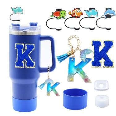 Imagem de Liangang Conjunto de acessórios de copo Stanley azul oceano, 9 peças, incluindo bota, tampa à prova de derramamento, 4 peças de capa de canudo de animais, pingente de alça de iniciais e carta adesiva