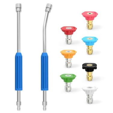 Imagem de MEANLIN 2 peças de varinha de extensão de lavadora de pressão de 43 cm, varinha de aço inoxidável de conexão rápida de 1/10.2 cm, varinha de lavadora de pressão curva de 30 graus com 7 bocais de