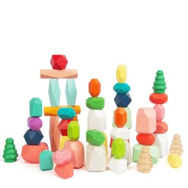 Imagem de WOODENFUN Wooden Sorting Stacking Rocks Stones (Style 1, PCS, 48)