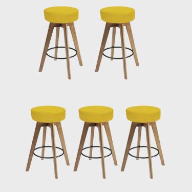 Imagem de Kit 05 Banqueta Alta Redonda Giratória Elsa Madeira Balcão Bistrô Cozinha Corino Amarelo - Ahz Móveis