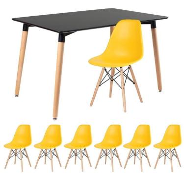Imagem de Kit - Mesa Retangular Eames 80 X 120 Cm Preto + 6 Cadeiras Dsw Amarelo Mesa Preto Com Cadeiras Amarelo