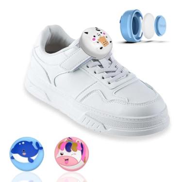 Imagem de [Pacote com 2] para suporte de sapatos Air Tag, à prova d'água, suporte para AirTag, capa infantil oculta de silicone com desenho de airtag para cadarços e alças infantis (azul e rosa)