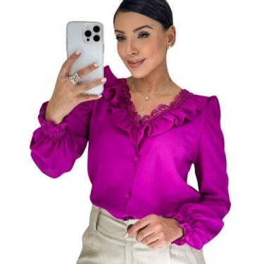 Imagem de Blusa Manga Longa Social Feminina Gola V Rendinha com Babado - G-Store