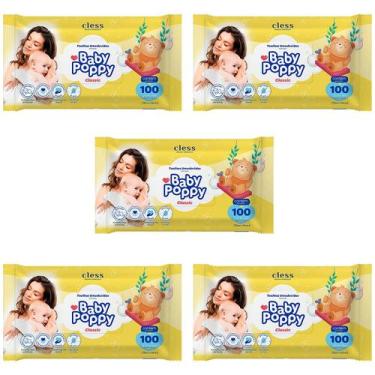 Imagem de toalhas lenços umedecidos baby poppy classic mais encorpada kit 5x100 