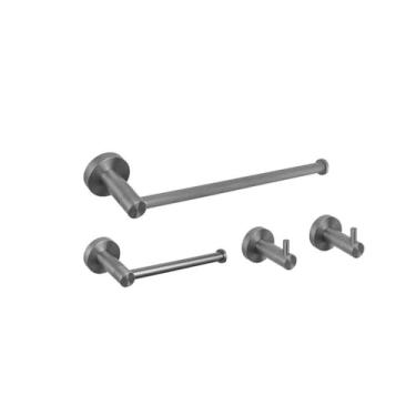 Imagem de Conjunto de acessórios para banheiro cinza, kit de acessórios, suporte de parede redondo de aço inoxidável, barra de mão, suporte para rolo de papel higiênico, gancho para toalha, conjunto de 4 peças
