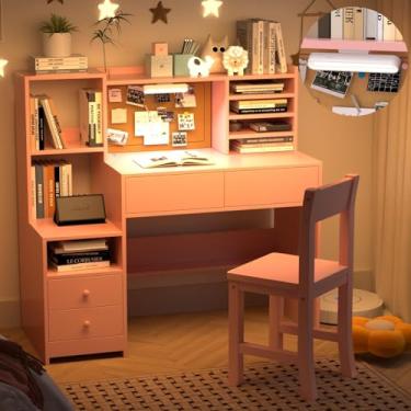 Imagem de RUPOLX Conjunto de mesa e cadeira rosa para crianças de 5 a 12 anos, mesa de estudo infantil com luzes de 3 cores, computador infantil com 4 gavetas, mesa de estudo infantil com prateleira de