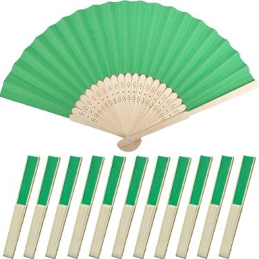 Imagem de Bestage 12 peças de ventilador de mão dobrável para mulheres, leque decorativo verde dobrável chinês japonês bambu molduras de seda para casamento, dança, lembrancinhas de festa, decoração DIY