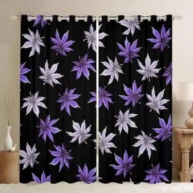Imagem de Erosebridal Cortinas roxas com folhas de cannabis 96,5 cm x 137 cm, cortinas de janela com folhas de maconha para crianças, adolescentes e adultos, cortinas blackout botânicas tropicais, cortinas de