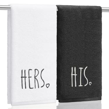 Imagem de Tingjoo 2 peças de toalhas de mão de casal 100% algodão bordado toalha de banheiro presente para casal, aniversário de casamento decoração de banheiro 73,7 x 33 cm (preto, branco, dele, dela)