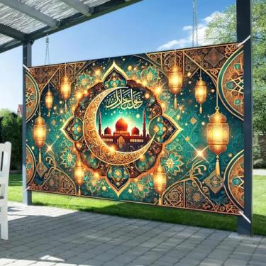 Imagem de BlissYard Ramadan Eid Banner decoração islâmica verde mesquita lanterna crescente pano de fundo pendurado com ganchos e cordão placa de caligrafia árabe para festa de festival muçulmano decoração de