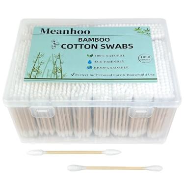 Imagem de Cotonetes de algodão de bambu 1000 unidades em caixa de armazenamento, cotonetes de algodão orgânico com bastões de bambu duráveis, cotonetes biodegradáveis para maquiagem, cuidados com a orelha