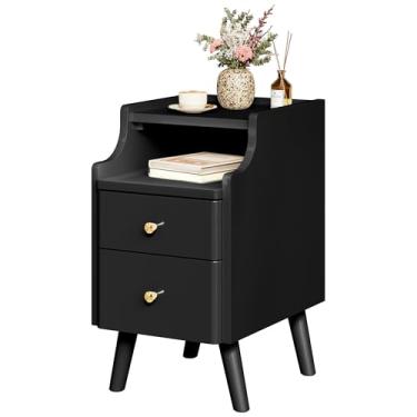 Imagem de Mesa de cabeceira estreita, mesa de cabeceira de madeira maciça com 2 gavetas, mesa de cabeceira moderna branca de meados do século, pequena mesa ao lado com prateleira de armazenamento aberta para