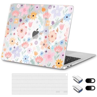 Imagem de Loyrina Capa para MacBook Pro de 13 polegadas 2022 M2 A2338 versão 2020 – Design floral leve e moderno, capa transparente para laptop, com capa de teclado TPU e adaptadores OTG, flores coloridas