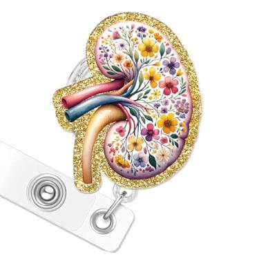 Imagem de Carretel de crachá de rim floral, carretéis de crachá de urologia retrátil com glitter com clipe jacaré para nefrologista urologista RN LPN CNA MA estudante de enfermagem urologia médico de nefrologia